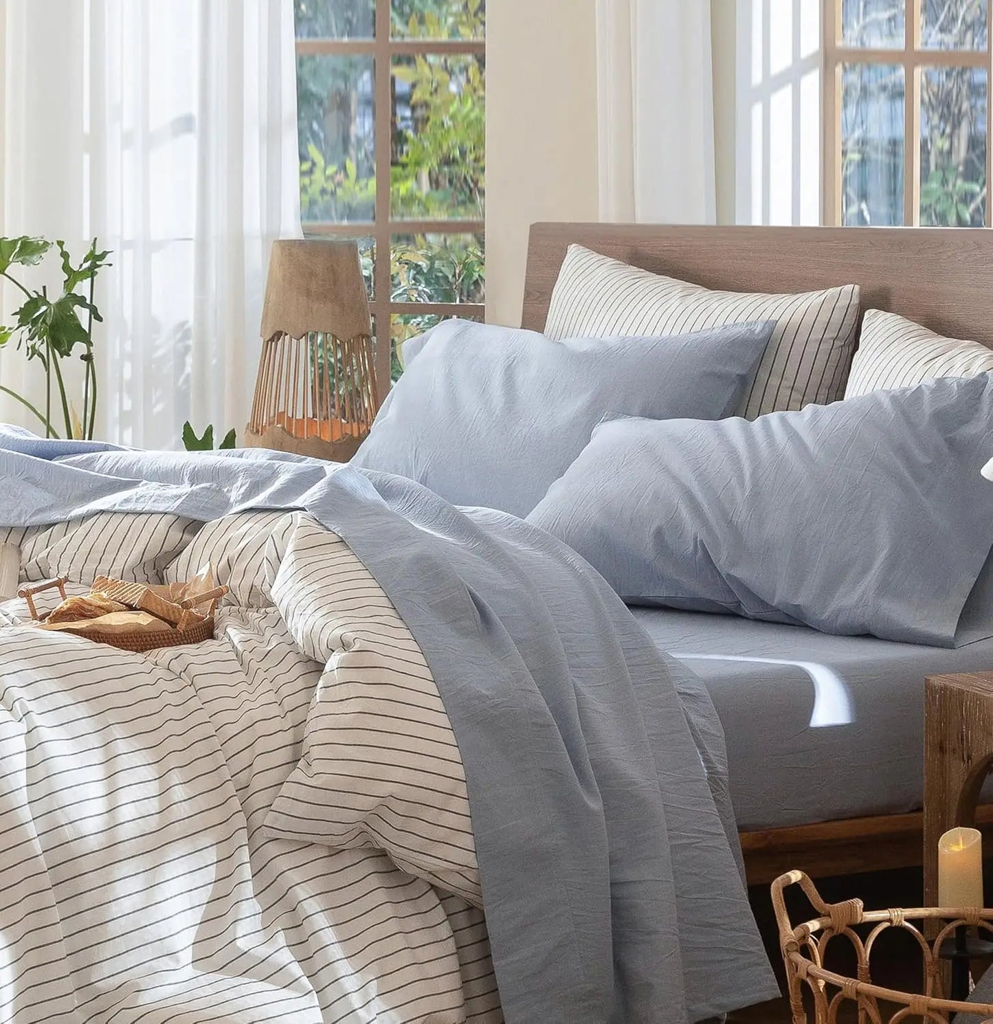 100% Washed Cotton Sheet Set - Linen Texture, Breathable, Soft, Queen, Cornflower Blue