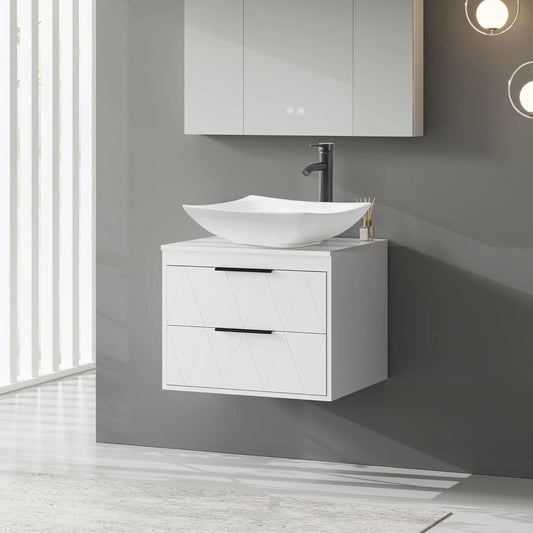 24" Wall Mounted Bathroom Vanity Combo Modern Cabinet Ceramic Vessel Sink Water Save Faucet Pop Up Drain White Customized