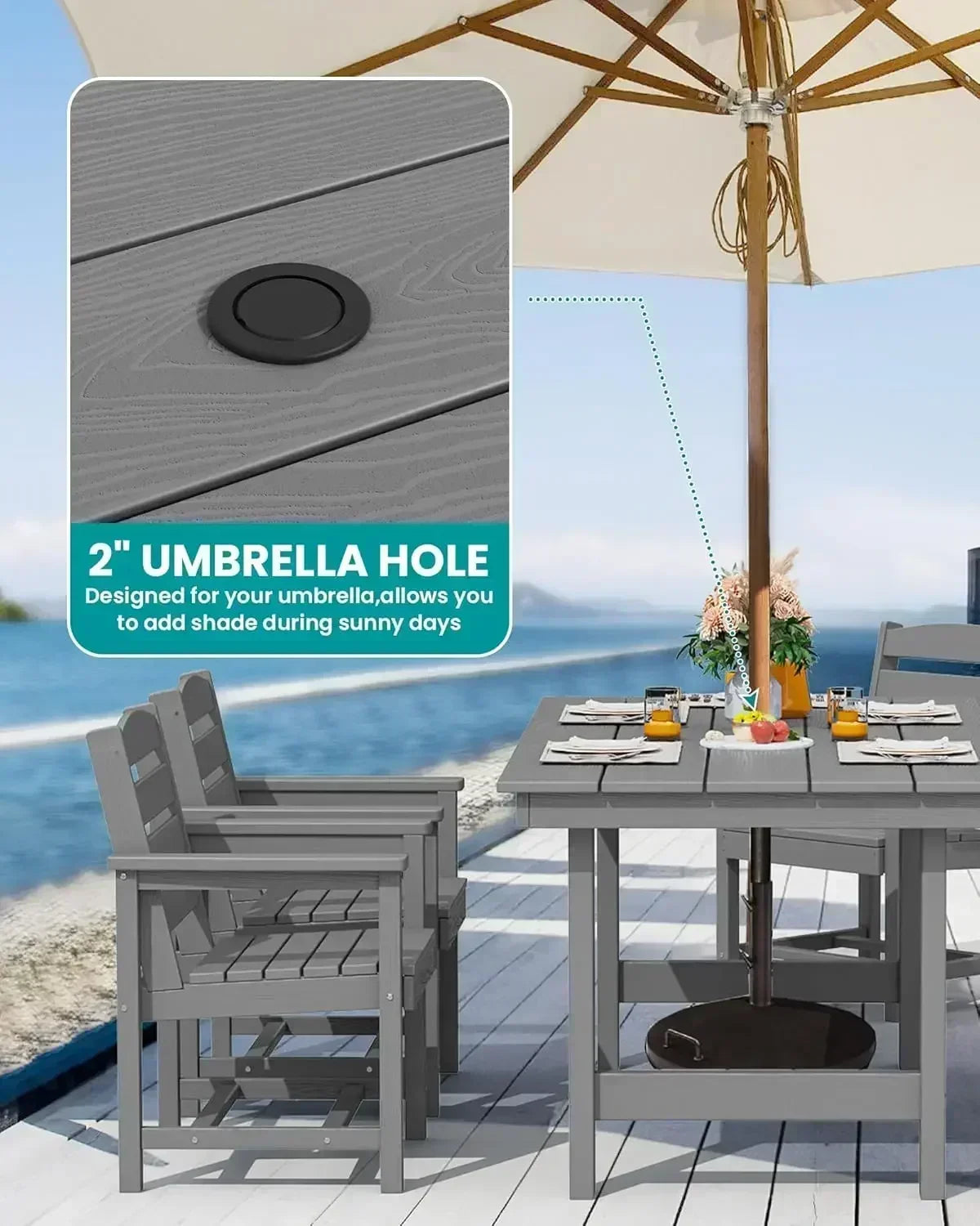 XMSJ 7-Piece Outdoor HDPE Dining Table Set With Umbrella Hole