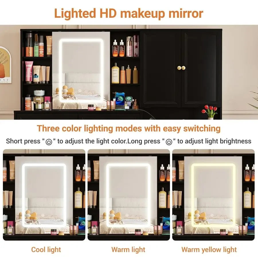 58.6 Large Vanity Desk with Sliding Mirror amp Lights, Black Makeup Vanity Table amp Nightstand Combo with Power Outlet and 6 D