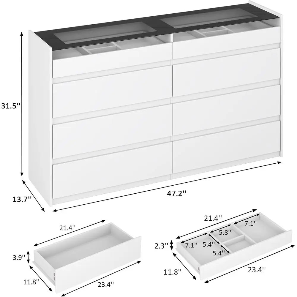 8-Drawer Dresser with Glass Top and LED Lighting for Bedroom, Storage, and Living Room