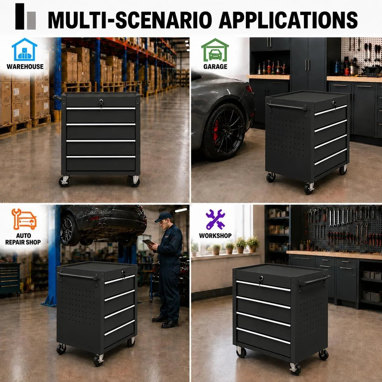 4 Drawer Rolling Tool Chest Portable Carbon Steel Storage Organizer