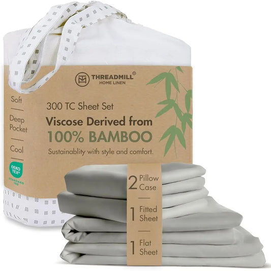Queen Size Bamboo Sheet Set - 4-Piece Viscose, Light Grey, Silky Soft, Cool & Breathable, 16 Deep Pocket, Moisture Wicking & Coo