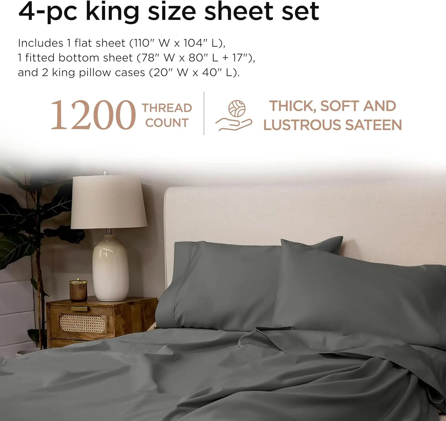 100% Supima Cotton Sheets, Luxury 1200 Thread Count Cotton Sheets for King Size Bed, 4 Pc Dark Grey King Bed Sheet Set, 5-Star H