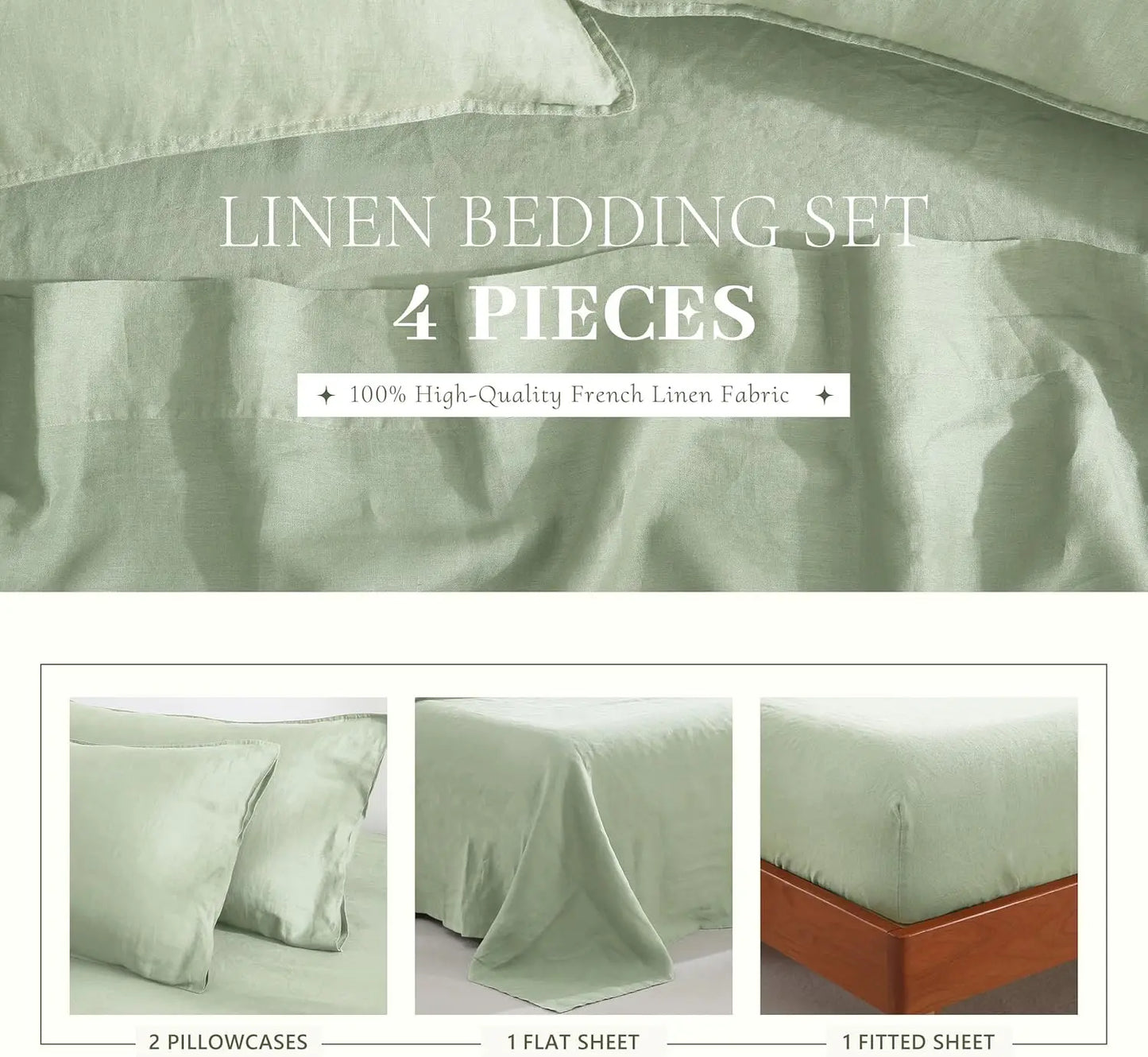 100% French Linen Sheets Set King Size-4Pcs Natural Washed Flax Bed Sheets Soft Breathable and Durable- 1 Flat Sheet 1 Fitted Sh