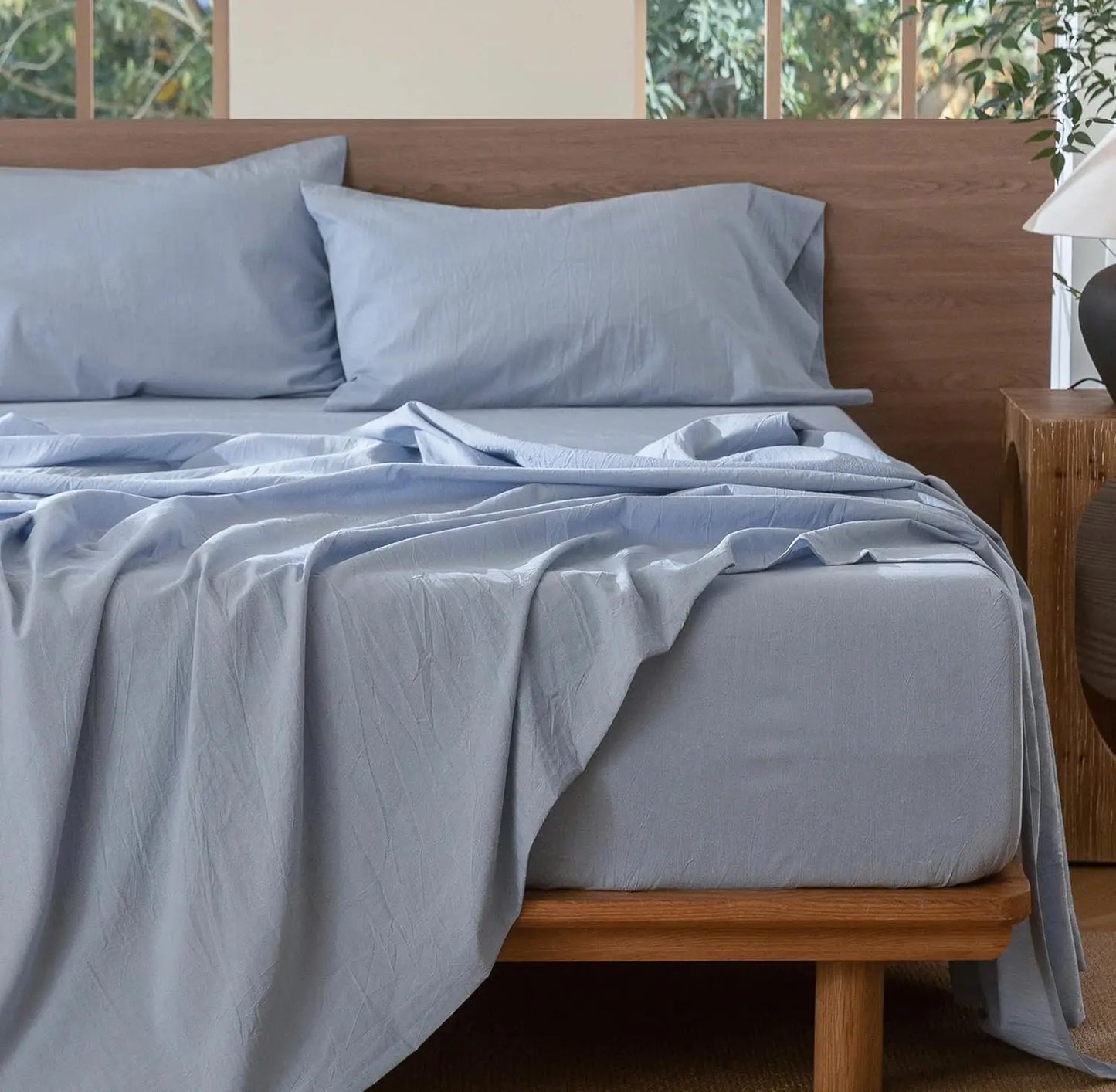 100% Washed Cotton Sheet Set - Linen Texture, Breathable, Soft, Queen, Cornflower Blue