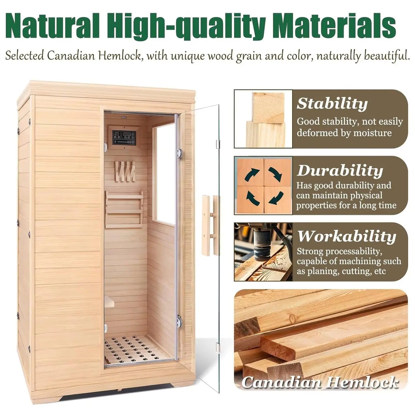 1-Person Low EMF Far Infrared Sauna for Home Use, 1050W Canadian Hemlock Wood Sauna with Bluetooth Music & Color, Customized