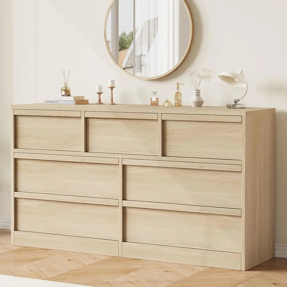 7 Drawer Dresser for Bedroom, 54in Wide Natural Oak 7 Chest of Drawers with Large Storage, Wooden Dresser Organizer for Living R