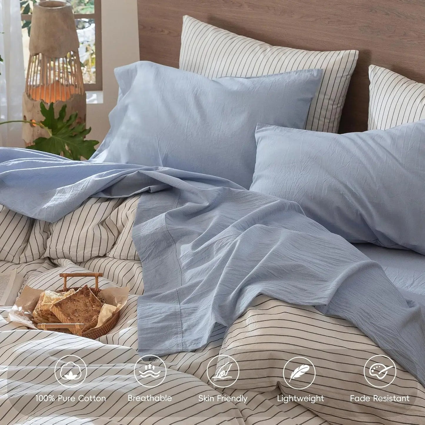 100% Washed Cotton Sheet Set - Linen Texture, Breathable, Soft, Queen, Cornflower Blue