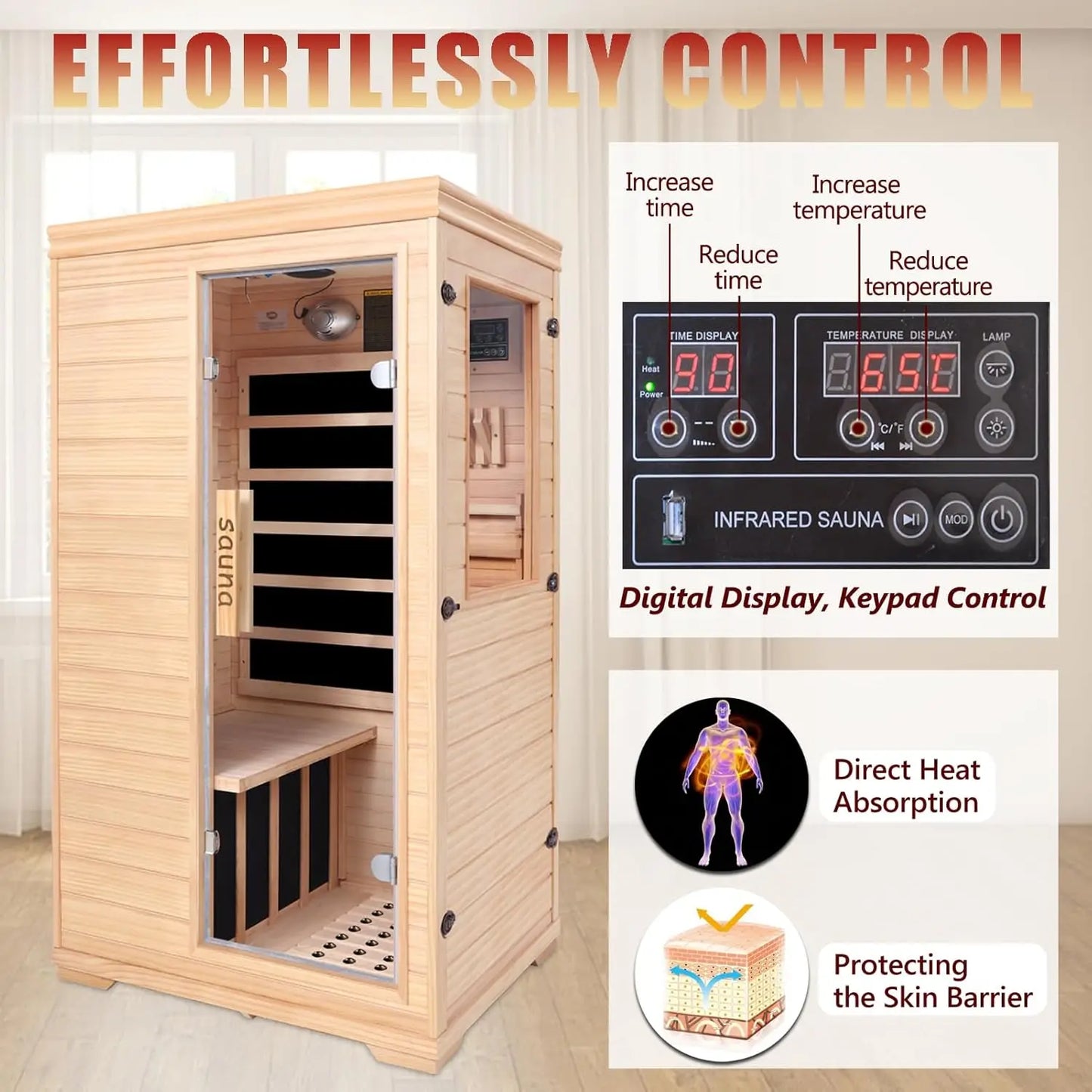 1-Person Low EMF Far Infrared Sauna for Home Use, 1050W Canadian Hemlock Wood Sauna with Bluetooth Music & Color, Customized