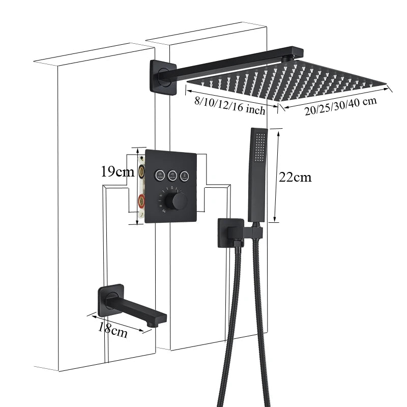 2/3 Way Black In Wall System Faucet For Bathe Bathroom Mixer Tap Rainfall 8/10/12/16inch Concealed Shower Faucet System Tap