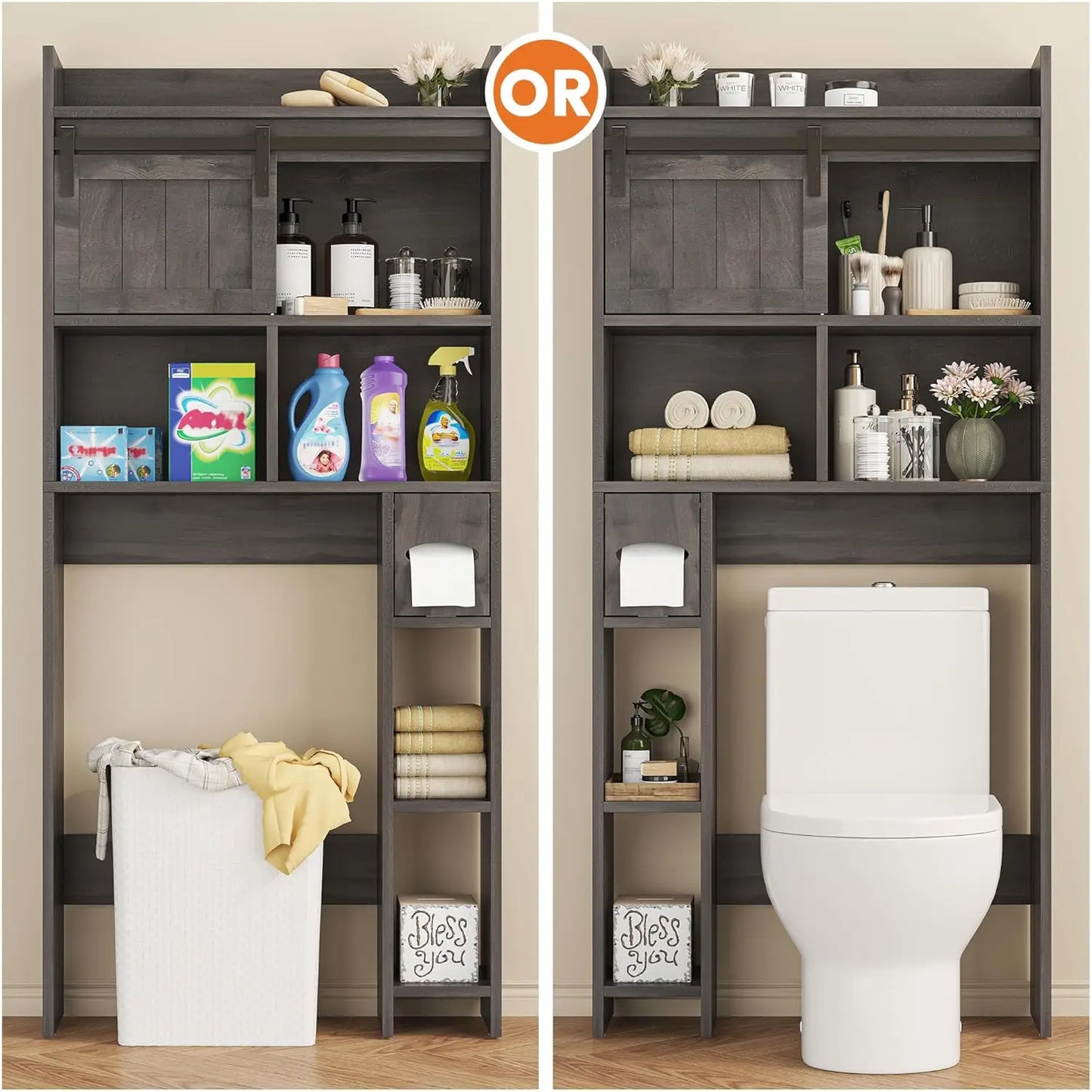 Over The Toilet Storage Cabinet, Over The Toilet Shelf with Sliding Door & Toilet Paper Holder Stand, Bathroom, Customized