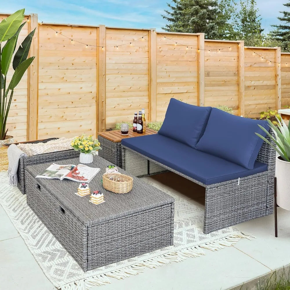 Guangbai Patio Day Bed Set Outdoor Rattan Lounge With Tables