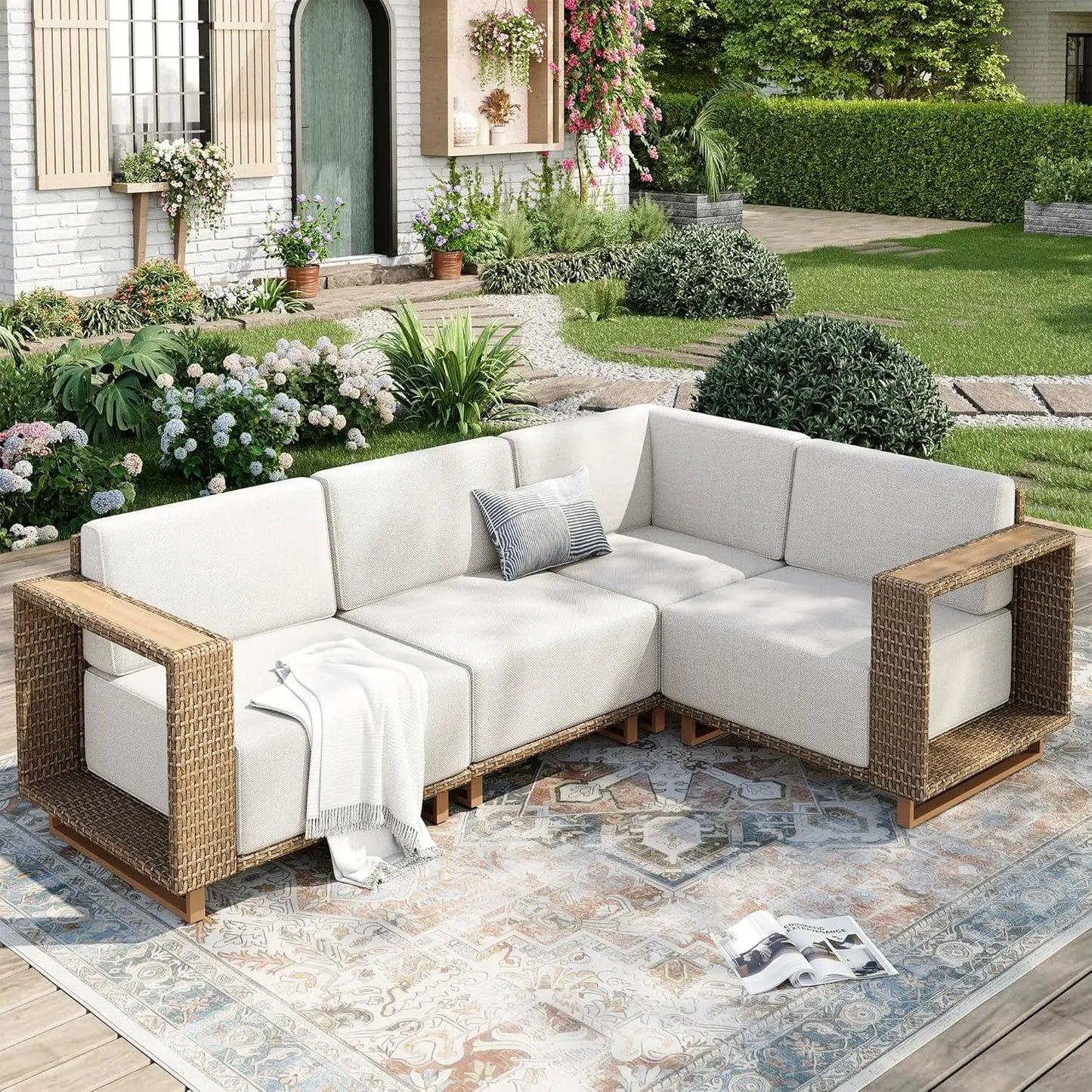 Patio Sectional Furniture Set, 4 Piece Outdoor Yellow Rattan Modular Sofa Couch Set, Deep Seating Conversation Set, Customized