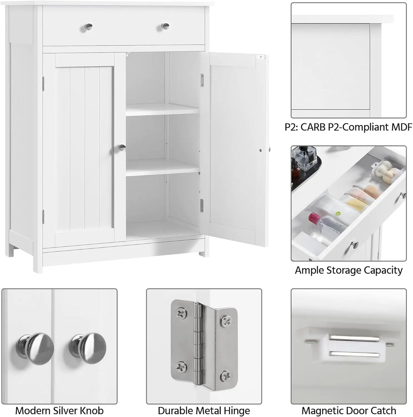 Bathroom Storage Cabinet with Drawer and Doors, White Wooden Floor Cabinet for Living Room, Entryway, Small Spaces