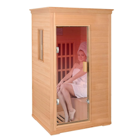 1 Person Infrared Sauna with Red Light Therapy – Compact Canadian Hemlock Wood Home Spa, 4 Fast Heating Panels, Customized