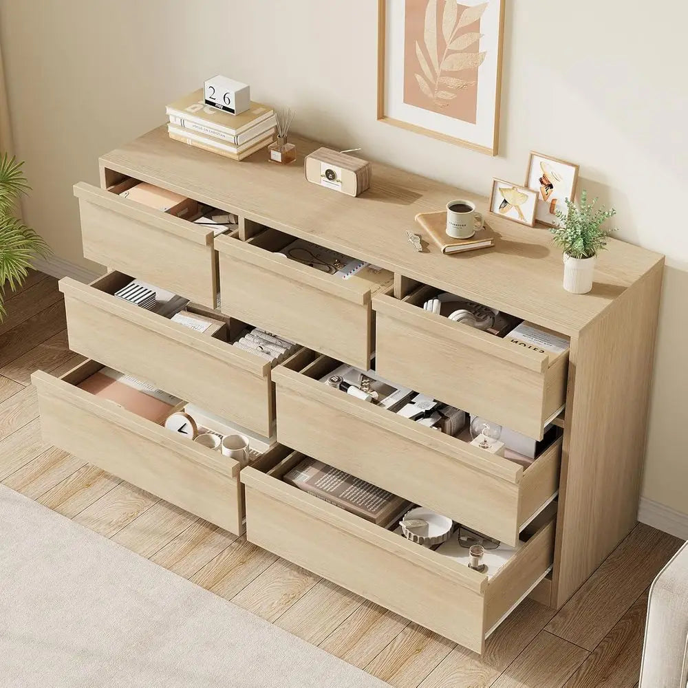 7 Drawer Dresser for Bedroom, 54in Wide Natural Oak 7 Chest of Drawers with Large Storage, Wooden Dresser Organizer for Living R
