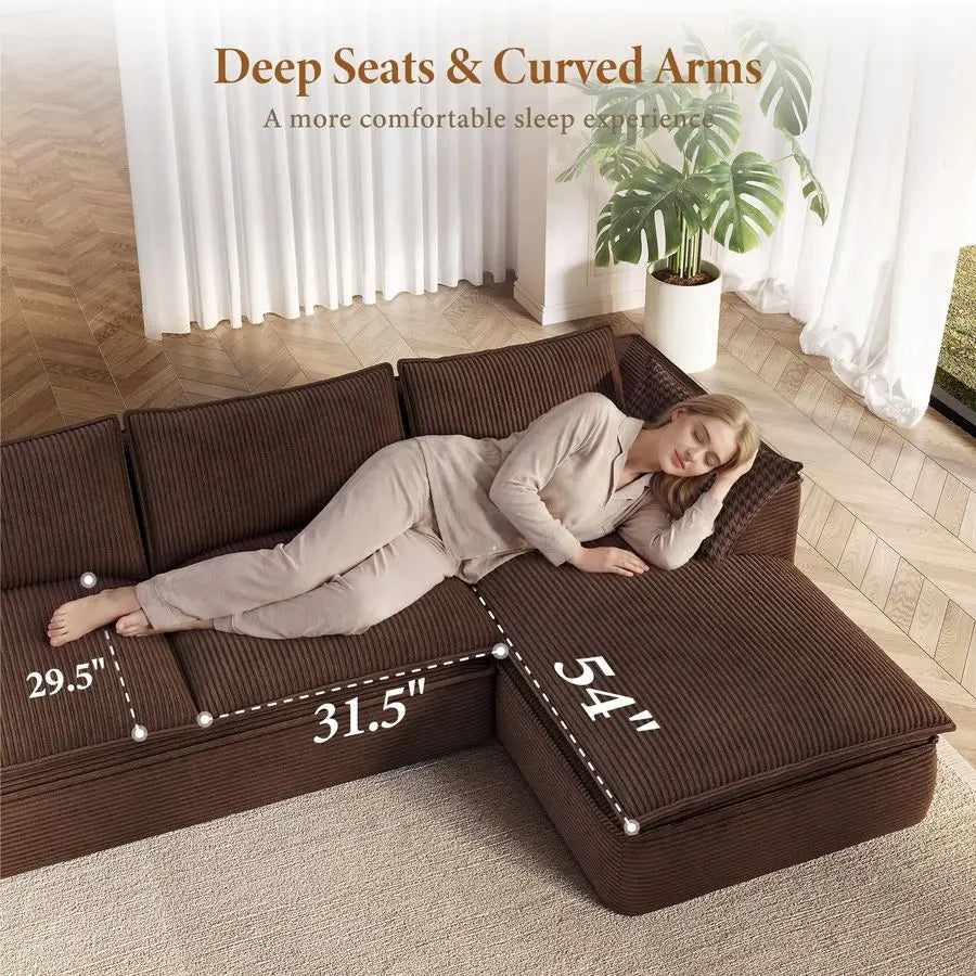 MBVM Corduroy Modular Sectional Sofa With Chaise And Ottoman