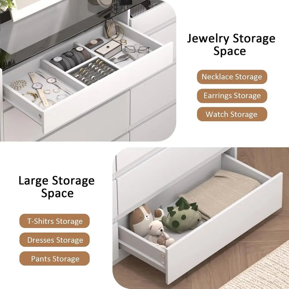 8-Drawer Dresser with Glass Top and LED Lighting for Bedroom, Storage, and Living Room