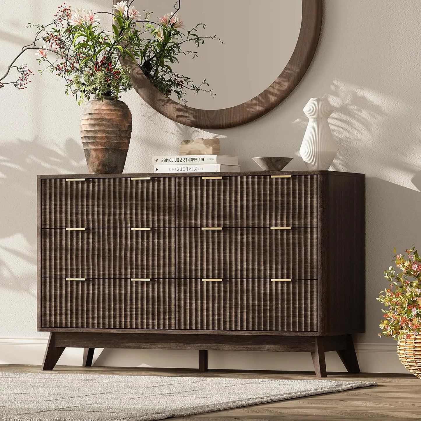 63'' Wide 9 Drawer Dresser Modern Fluted Vertical Chest Rounded Corners Bedroom Living Room Hallway Natural Wood, Customized
