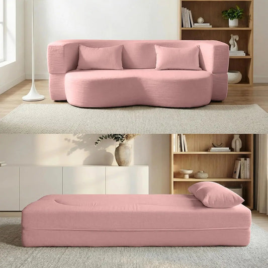 Queen Convertible Sofa Bed 2-in-1 Teddy Fabric Folding Floor Couch Mattress Living Room Guest Room No Assembly Pink, Customized