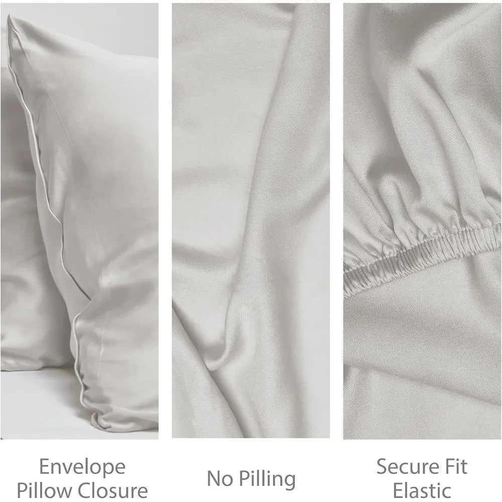 Queen Size Bamboo Sheet Set - 4-Piece Viscose, Light Grey, Silky Soft, Cool & Breathable, 16 Deep Pocket, Moisture Wicking & Coo