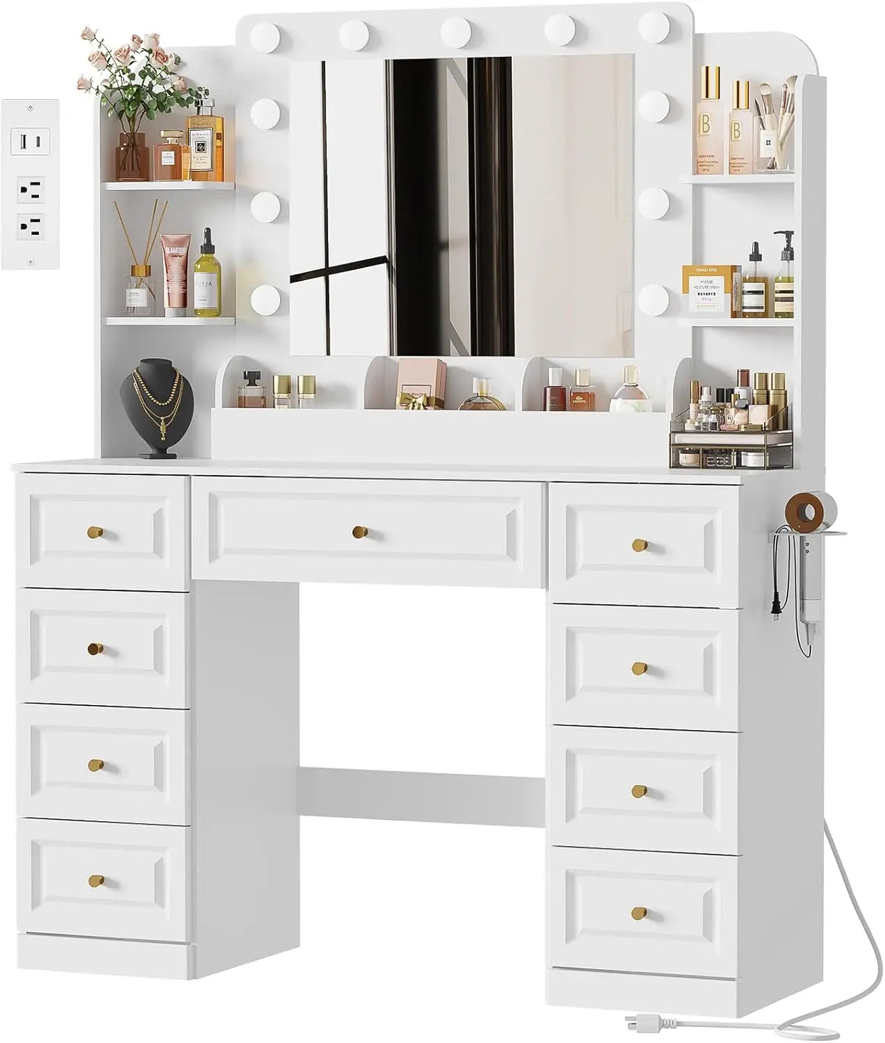 Vanity Desk with LED Light Mirror & Power Outlet, VanityTable with 9 Drawers, Modern Luxury Large Makeup Vanity, 3 Color Modes