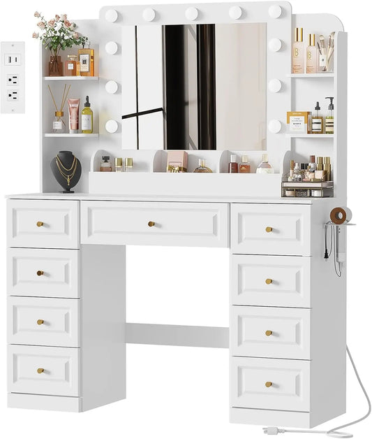 Vanity Desk with LED Light Mirror & Power Outlet, VanityTable with 9 Drawers, Modern Luxury Large Makeup Vanity, 3 Color Modes