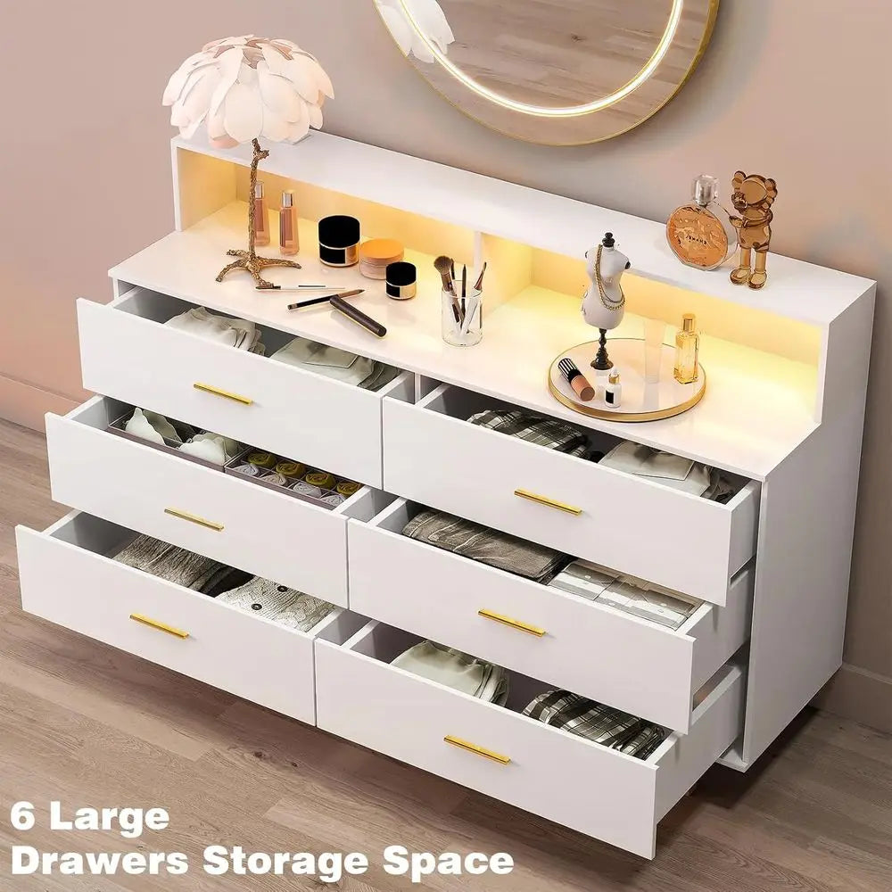 6 Drawer Dresser with LED Light and Power Outlet, Wooden White Dressers for Bedroom and Chests of Drawers, Large Double Dressers