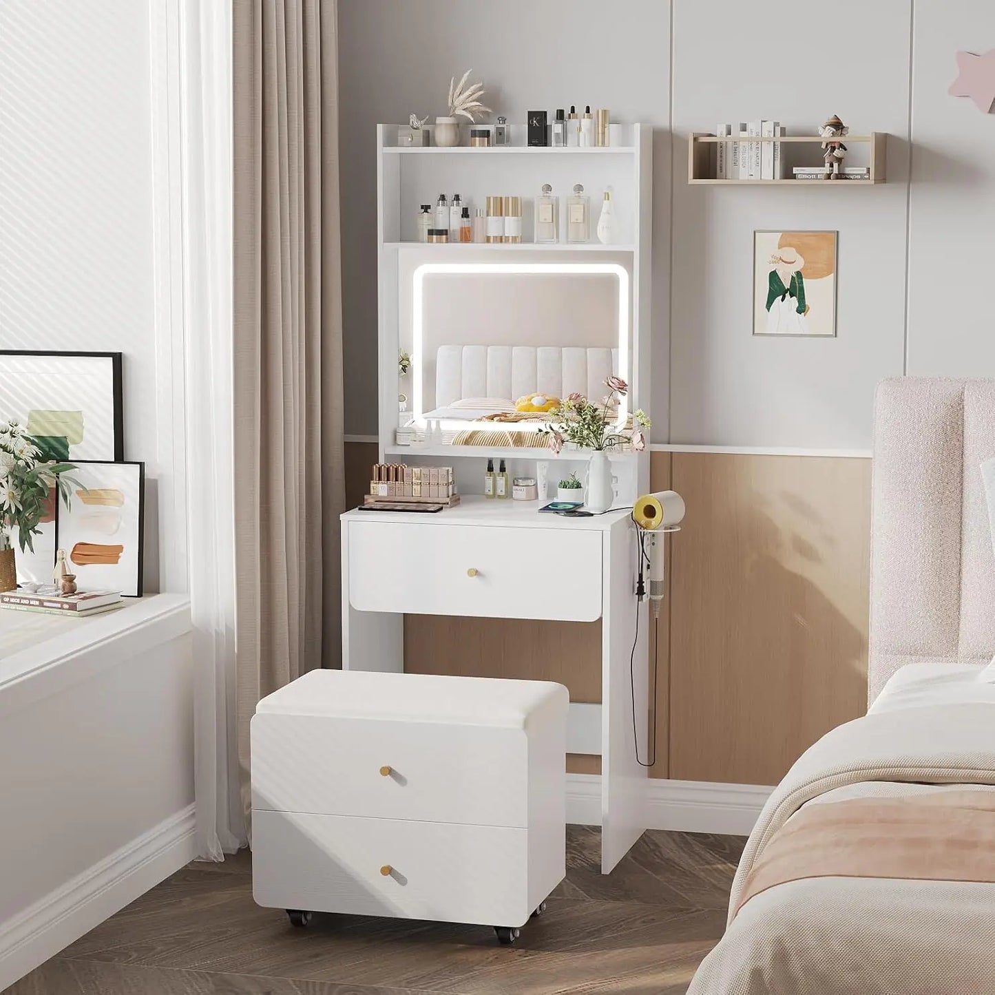 White Vanity Desk with Mirror & Lights Charging Station Small Makeup Table Bedroom, Customized