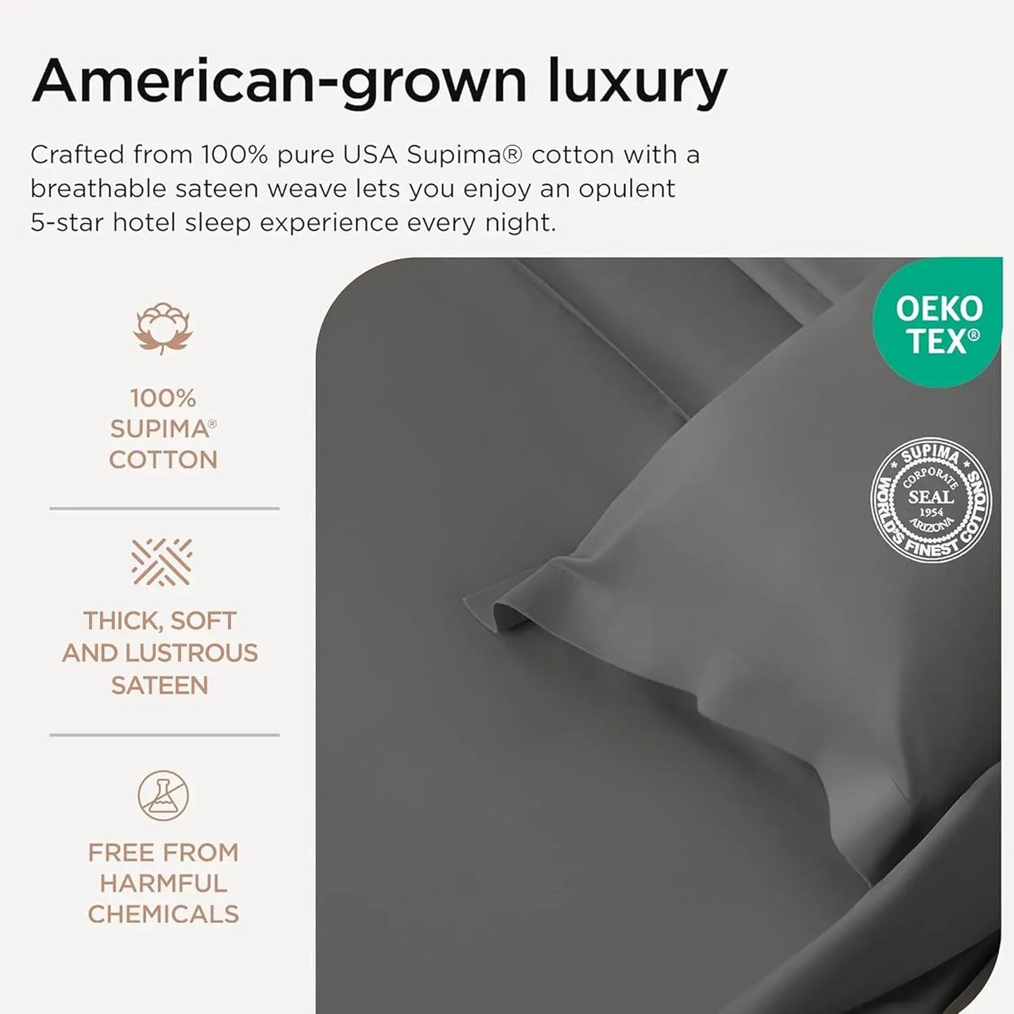 100% Supima Cotton Sheets, Luxury 1200 Thread Count Cotton Sheets for King Size Bed, 4 Pc Dark Grey King Bed Sheet Set, 5-Star H