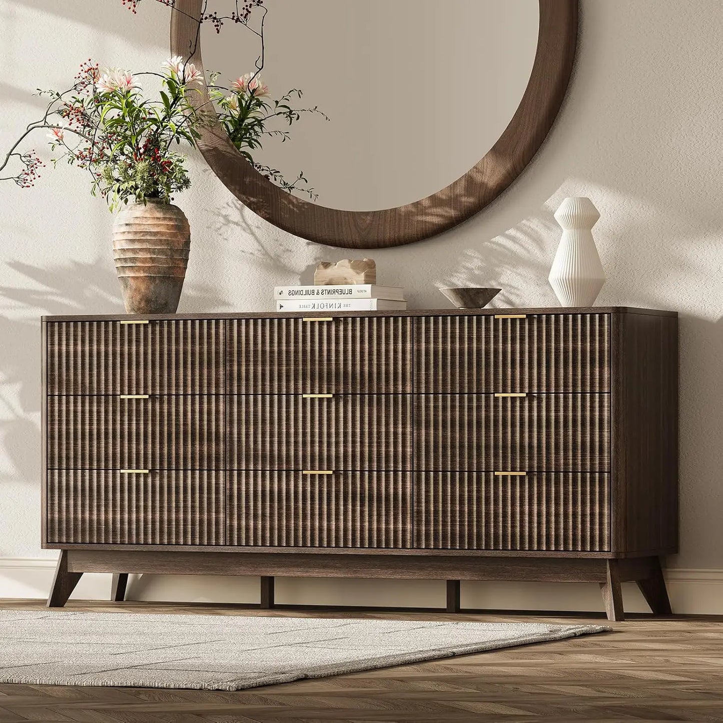 63'' Wide 9 Drawer Dresser Modern Fluted Vertical Chest Rounded Corners Bedroom Living Room Hallway Natural Wood, Customized