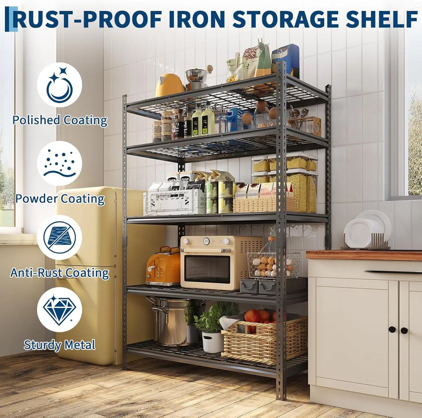 Metal Storage Shelving Unit, 5-Tier Adjustable Storage Rack Heavy Duty Garage Shelves, 2000 lbs for Kitchen Bathroom Warehouse