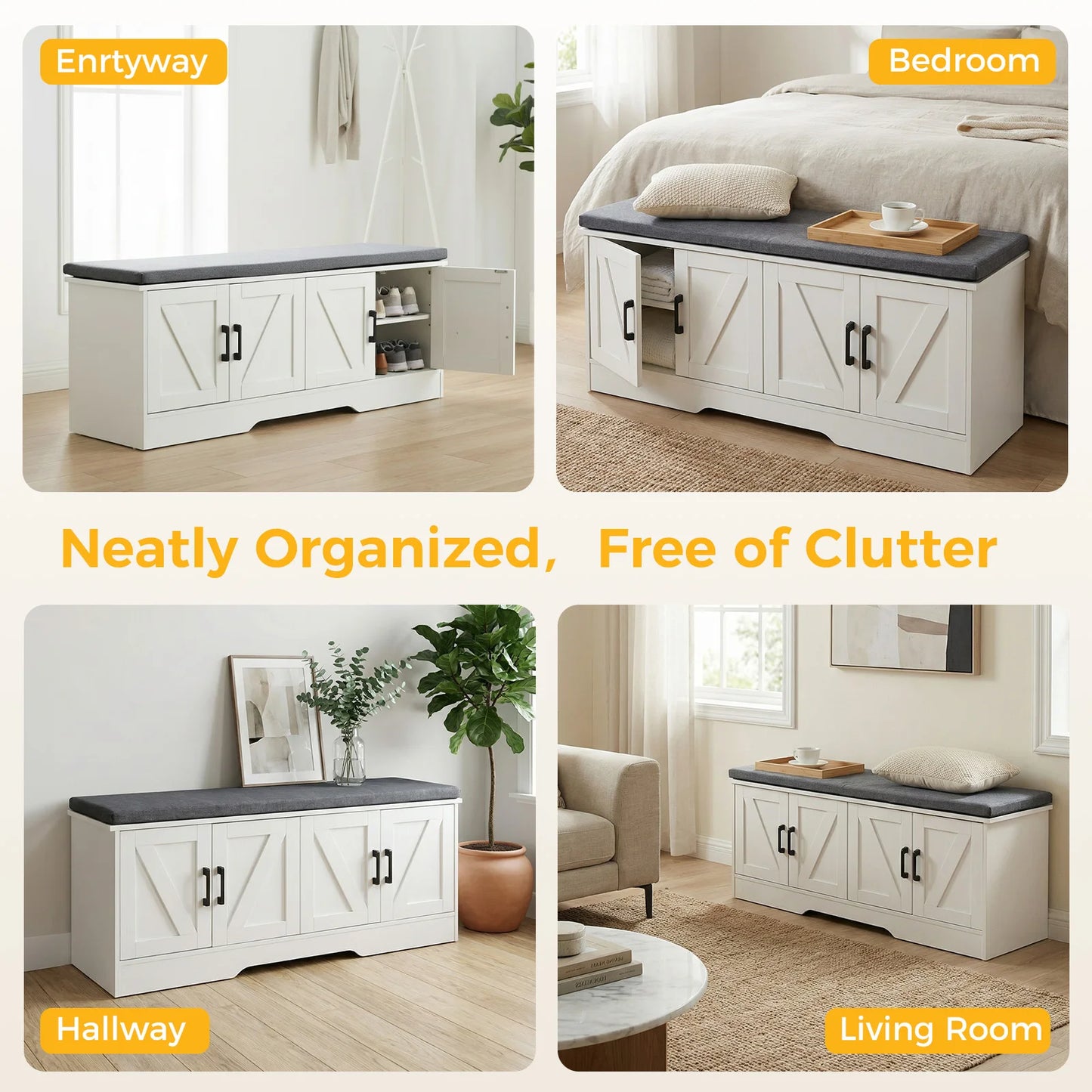 JHK Padded Storage Shoe Bench With Two Doors
