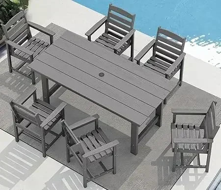 XMSJ 7-Piece Outdoor HDPE Dining Table Set With Umbrella Hole