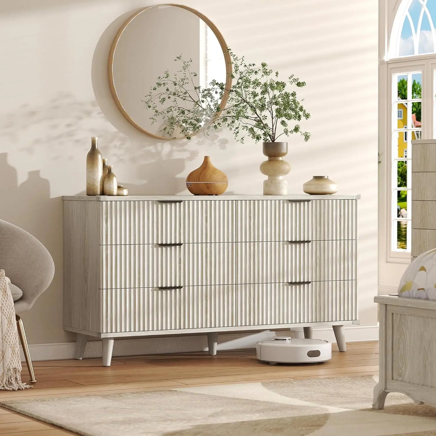 6-Drawer Fluted Wood Dresser Storage Organizer for Bedroom Living Room Closet Hallway 53.2in Dark Grey Oak, Customized