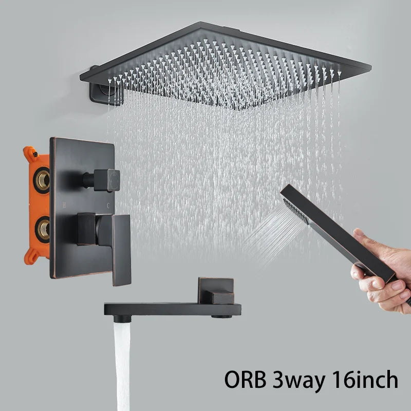 2/3 Way Black In Wall System Faucet For Bathe Bathroom Mixer Tap Rainfall 8/10/12/16inch Concealed Shower Faucet System Tap