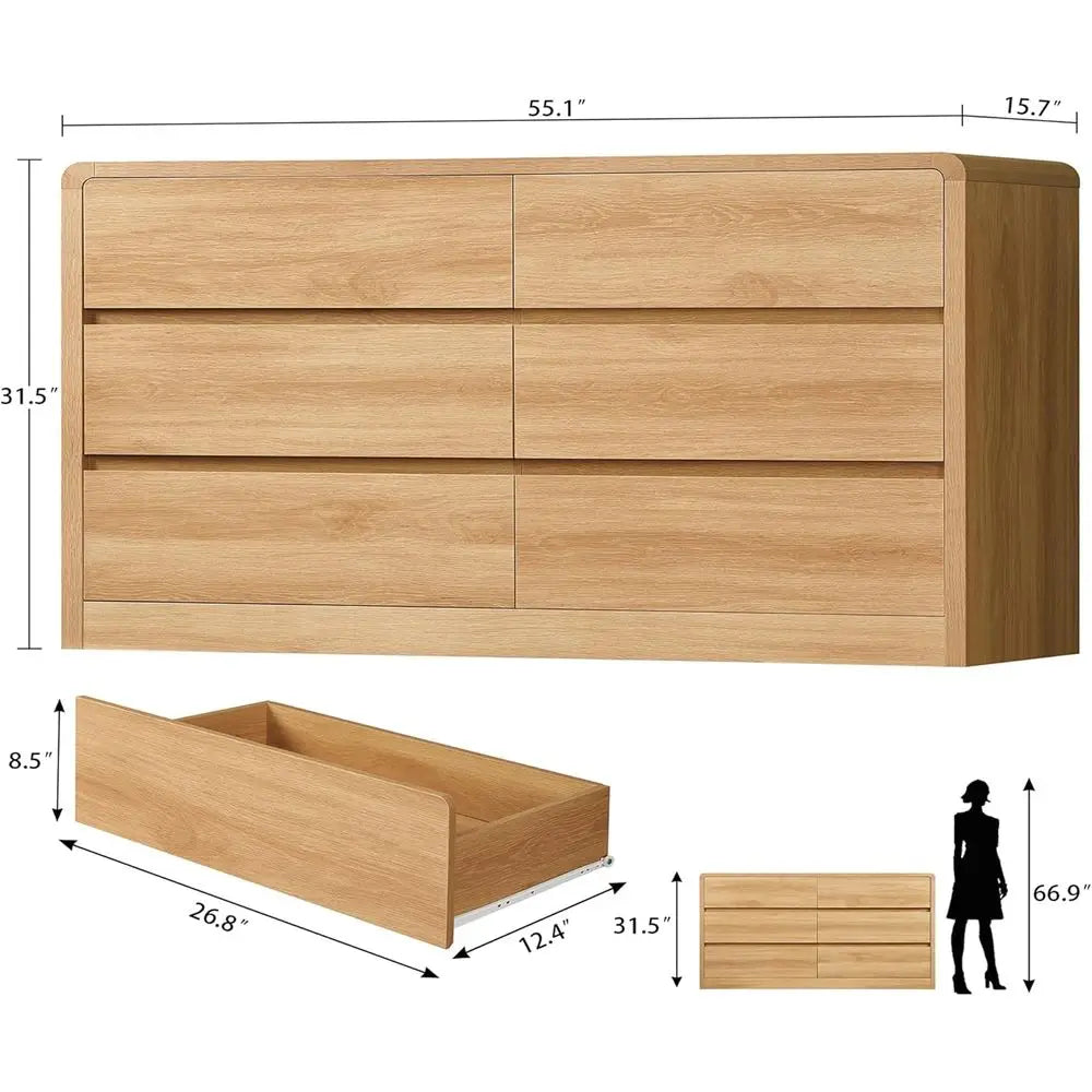 55 Curved Profile 6-Drawer Bedroom Dresser with Chests, Suitable for Natural Wood Finish