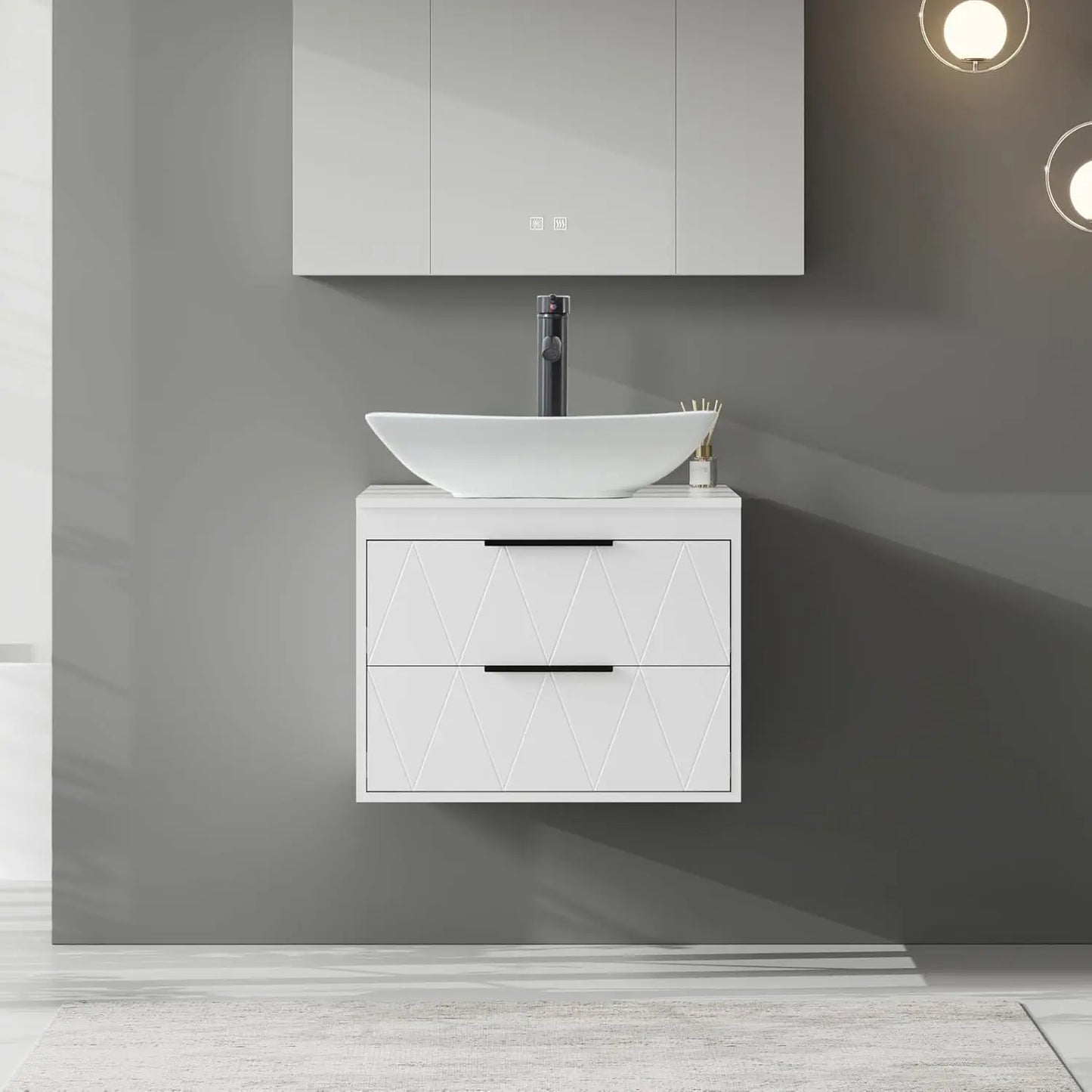 24" Wall Mounted Bathroom Vanity Combo Modern Cabinet Ceramic Vessel Sink Water Save Faucet Pop Up Drain White Customized