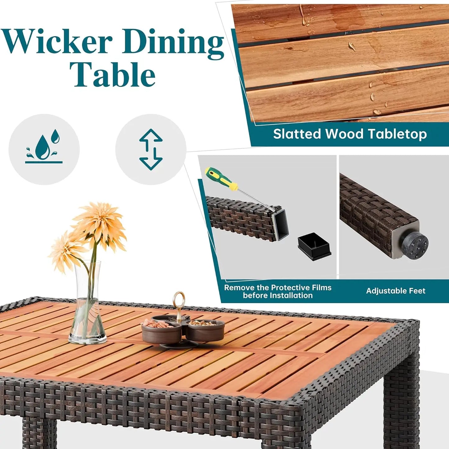 5-Piece Patio Dining Set with Wicker Chairs, Soft Cushions, and Wood Table Top for Backyard, Deck, Garden in Brown Rattan