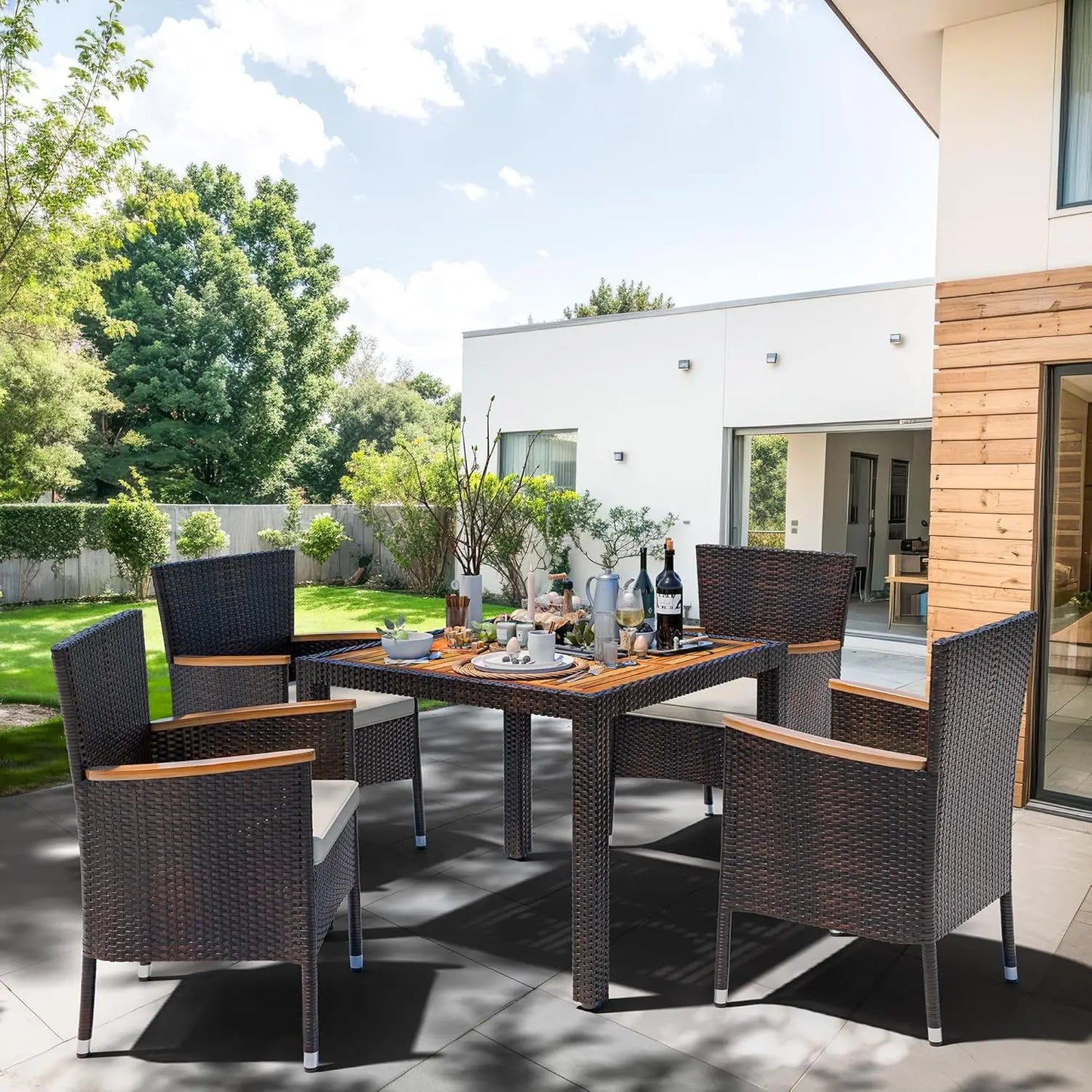 5-Piece Patio Dining Set with Wicker Chairs, Soft Cushions, and Wood Table Top for Backyard, Deck, Garden in Brown Rattan