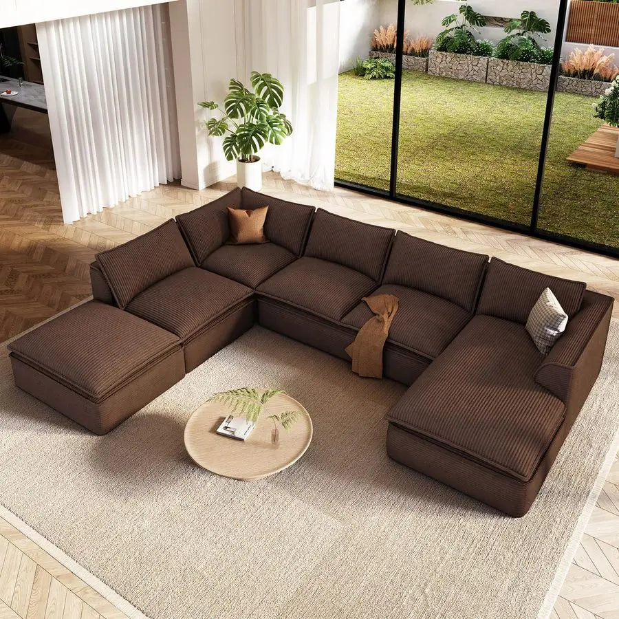 MBVM Corduroy Modular Sectional Sofa With Chaise And Ottoman