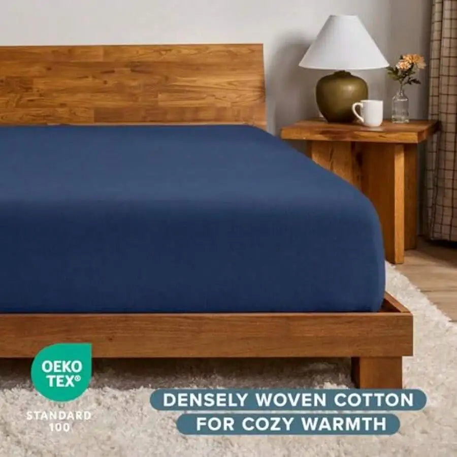 Flannel Fitted Sheet 100% Cotton Double Brushed Heavyweight Deep Pocket Queen Dark Blue