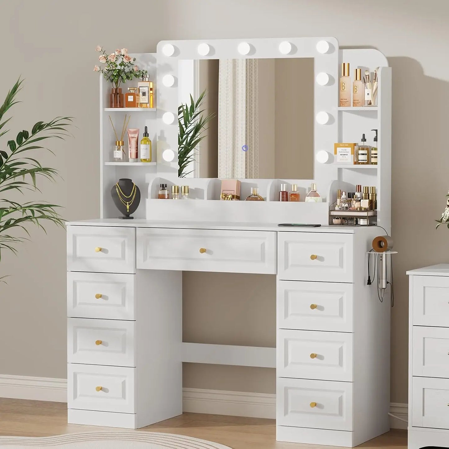 Vanity Desk with LED Light Mirror & Power Outlet, VanityTable with 9 Drawers, Modern Luxury Large Makeup Vanity, 3 Color Modes
