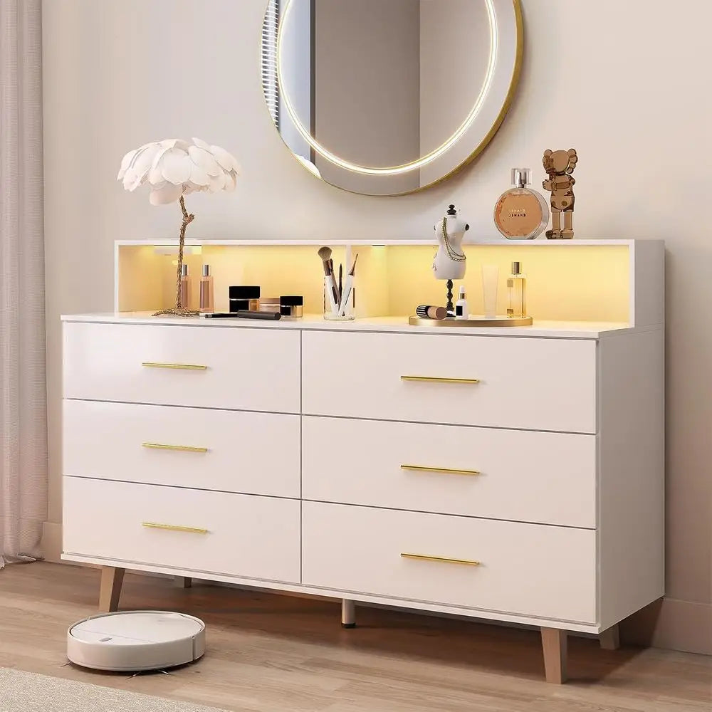 6 Drawer Dresser with LED Light and Power Outlet, Wooden White Dressers for Bedroom and Chests of Drawers, Large Double Dressers