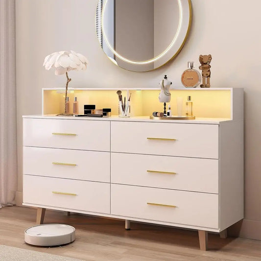 6 Drawer Dresser with LED Light and Power Outlet, Wooden White Dressers for Bedroom and Chests of Drawers, Large Double Dressers