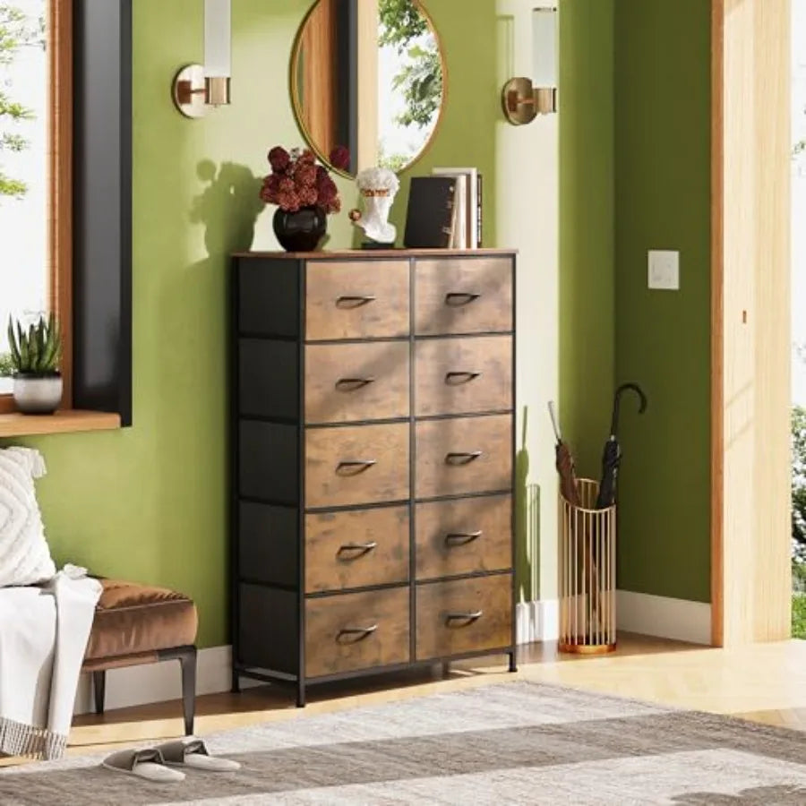 Tall Dresser for Bedroom with 10 Drawers, Fabric Dresser for Closet, Storage Tower with Cabinet, Metal Frame