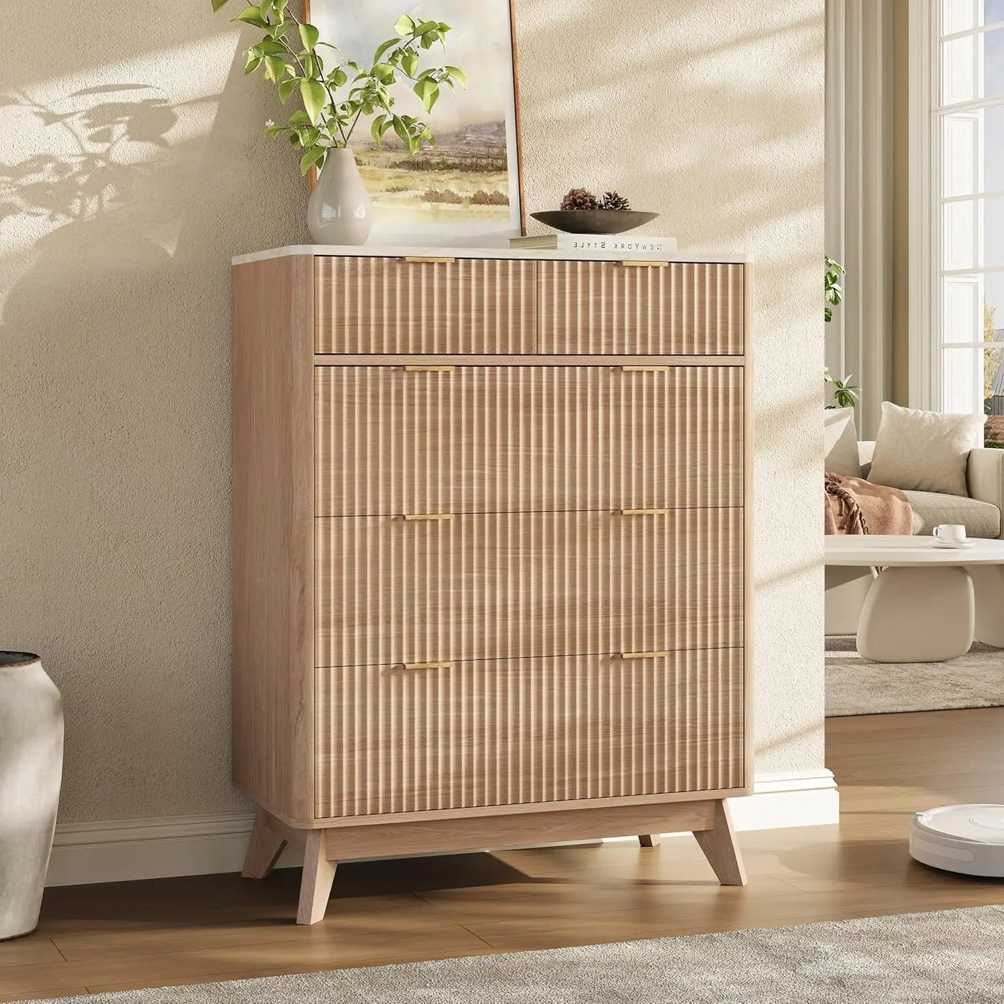 63'' Wide 9 Drawer Dresser Modern Fluted Vertical Chest Rounded Corners Bedroom Living Room Hallway Natural Wood, Customized