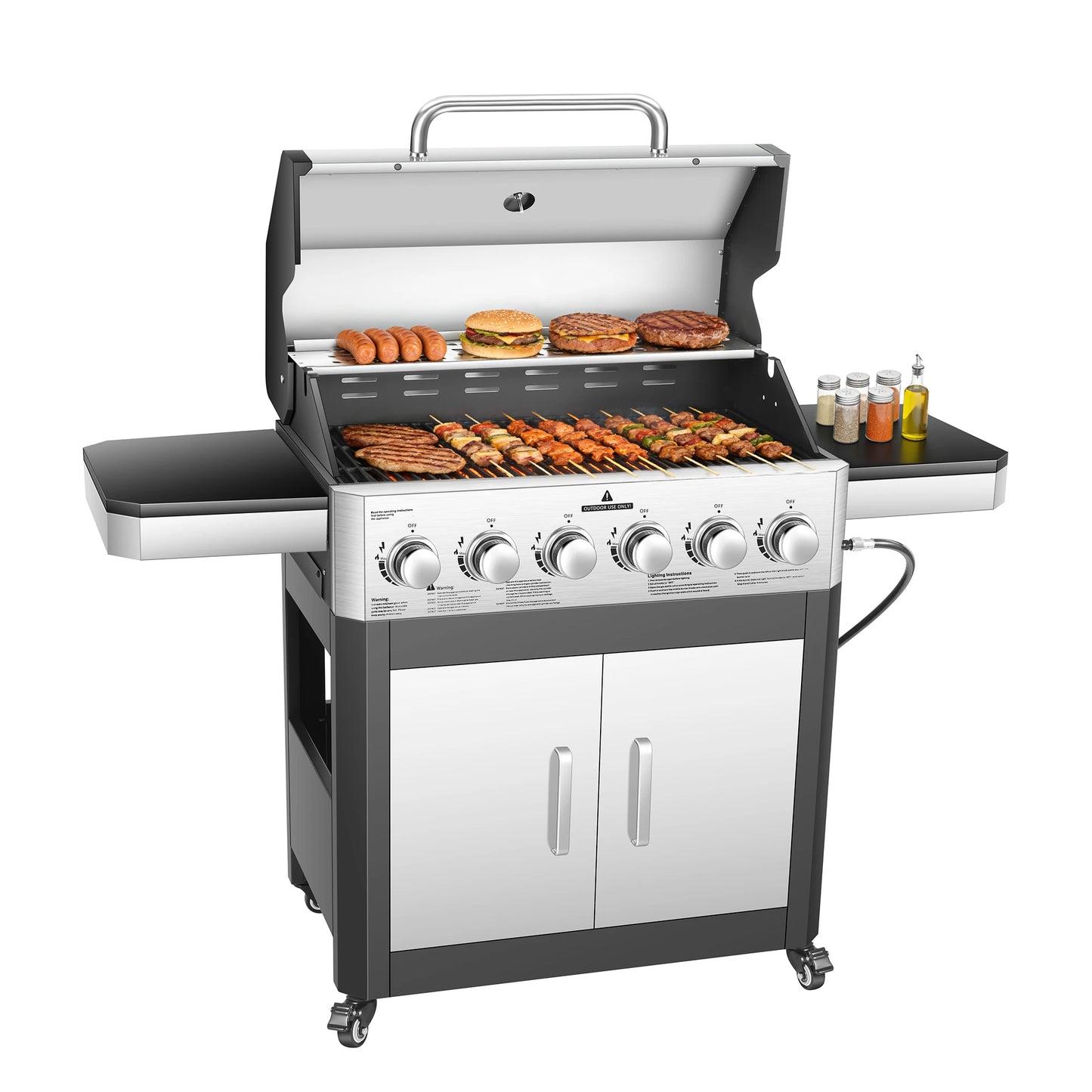 6 Burner Propane Gas Grill, 60000 BTU Cabinet Outdoor BBQ with Warming Rack, Stainless Steel Panel, Large 643 Sq In Cooking Area