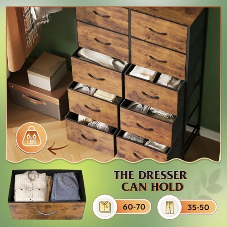 Tall Dresser for Bedroom with 10 Drawers, Fabric Dresser for Closet, Storage Tower with Cabinet, Metal Frame
